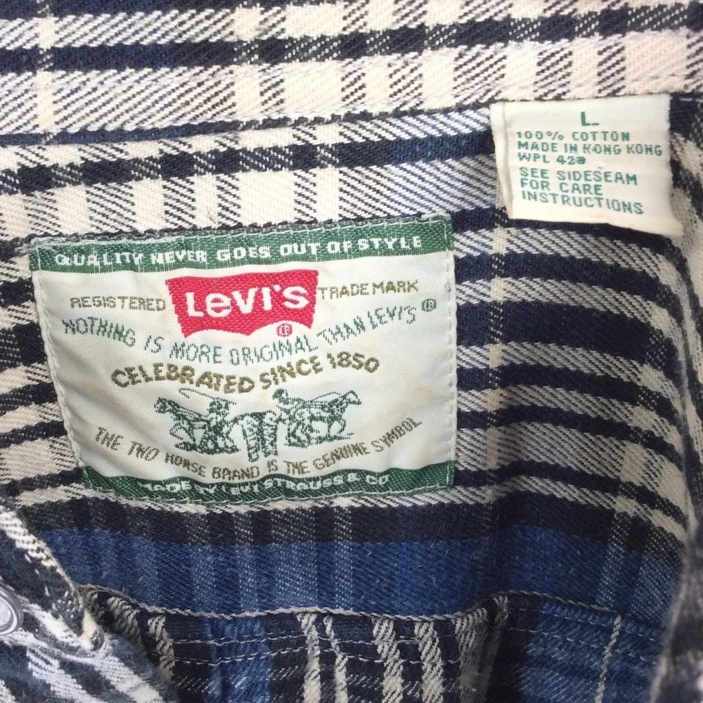 VTG 90s Men's Levi's Plaid Shirt Size Large Blue Black Long Sleeve Button Down